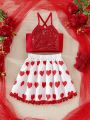 SHEIN Kids CHARMNG Toddler Girls' Romantic & Gorgeous Beaded Halter Neck Vest With Pom Pom & Lace & Heart Detail Skirt 2pcs Set For Spring & Summer