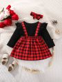 Baby Gingham Print Ruffle Trim 2 In 1 Dress With Headband