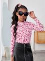 SHEIN Kids Cooltwn Girls' Heart Print Slim Fit Casual Long Sleeve T-Shirt