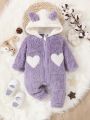 Baby Girl Heart Pattern 3D Ear Design Hooded Zipper Teddy Jumpsuit