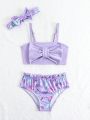 Young Girl Butterfly Pattern Printed Swimsuit Set With Hair Accessories