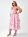 Retro Peaches Floral Print Plus Size Halter Neck Dress For Women