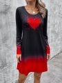 Women's Black Gradient Heart Print Round Neck Dress