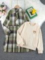 Teen Girls' Bear Applique Sweatshirt With Plaid Pleated Skirt And Necktie Set