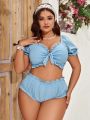 SHEIN Swim Mod Plus Size Solid Color Hollow Out Embroidery Bikini Set