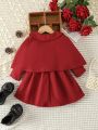 2pcs Baby Girls' Red Woolen Cape Coat For Elegant, Gorgeous, Cute, Daily, And Casual Occasions In Winter