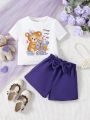 SHEIN Kids QTFun Young Girls' Knit Bear Pattern T-Shirt And Solid Color Shorts 2pcs/Set