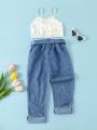 SHEIN Kids EVRYDAY 2pcs Young Girls' Casual Sweet White Bowknot Tank Top And Distressed Belted Jeans Set