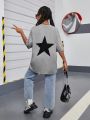 SHEIN Tween Girls' Knitted Star Printed Round Neck Regular Fit T-Shirt For Daily Casual