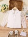 SHEIN Kids CHARMNG Little Girl'S White Lapel Mesh Patchwork Long-Sleeved Shirt