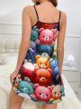 Women'S Cartoon Bear Printed Spaghetti Strap Sleep Dress