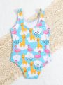 Baby Girl Cartoon Giraffe & Flamingo Printed Swimsuit