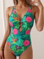 SHEIN Swim Summer Beach Tropical Printed Hollow Out One-Piece Swimsuit