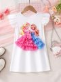 SHEIN Kids CHARMNG Toddler Girls' Romantic & Gorgeous Character Printed Mesh Patchwork A-Line Dress With Colour Collision For Spring & Summer