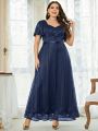 Plus Flutter Sleeve Sweetheart Neck Rhinestone Detail Lace Bridesmaid Dress