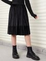 Teen Girl Solid Pleated Velvet Skirt