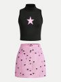 SHEIN Kids HYPEME Teenage Girls' Vintage Minimalist Sleeveless Vest & Heart Shaped Skirt Streetwear