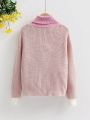 Tween Girls Color Block Star Pattern Turtleneck Drop Shoulder Sweater