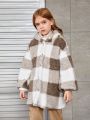 SHEIN Tween Girl Buffalo Plaid Pattern Drop Shoulder Hooded Teddy Coat