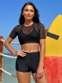 SHEIN Swim SPRTY 2pcs/set See-through Mesh Splice Swimwear