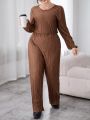 SHEIN Essnce Women's Plus Size Solid Color Pleated Lantern Sleeve Jumpsuit