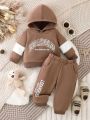 Baby Boys' Hooded Sweatshirt And Pants Set With Colorblock Design And Letter Print For Spring And Autumn
