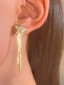 1pair Fashionable New Long Exquisite Rhinestone Tassel Pendant Decorated Earrings For Women's Party Outfits, Trendy Accessories