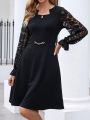 EMERY ROSE Women's Long Sleeve Lace Patchwork Chain Detail Bodycon Dress