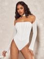 SHEIN BAE Women White Hollow Out Bodycon Bodysuit, Long Sleeve, Charming And Elegant For Valentine's Day Date