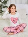 Tween Girl 1pc Cartoon Printed Long Sleeve T-Shirt And 1pc Plaid Patterned Pants Pajama Set For Mommy And Me Matching Outfits