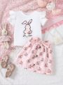 SHEIN Kids QTFun Young Girls' Round Collar Short-Sleeved T-Shirt With Rabbit Pattern And Skirt With Flower Decorative Buckle