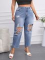 SHEIN Privé Plus Size Women's Straight Leg Ripped Denim Jeans