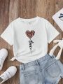 Hearts Leopard Print T-Shirt For Tween Girls, Casual And Simple Short-Sleeved T-Shirt With Round Neck, Suitable For Summer