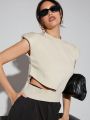 Luxe Women's Padded Shoulder & Hollow Out Knit Top