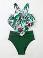 SHEIN Swim Vcay Women's Tropical Plant Printed Halter Bikini, Perfect For Vacation