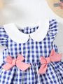 Baby Girls' Cute Grid & Floral Print Contrast Peter Pan Collar Dress With Bow Decoration, Spring