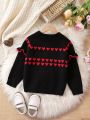 Young Girl Heart Pattern Ruffle Trim Raglan Sleeve Sweater