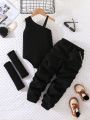 Young Girl Asymmetrical Neck Bodysuit & Ruched Pants & Arm Sleeves