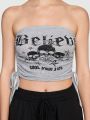 ROMWE Grunge Punk Women's Skull & Letter Printed Strapless Crop Top With Drawstring