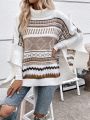 Geo Pattern Batwing Sleeve Turtleneck Poncho