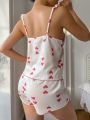 Ladies' Pajama Set With Heart Printed Pattern And Bowknot Decoration