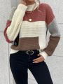 SHEIN Essnce Color Block Mock Neck Drop Shoulder Sweater