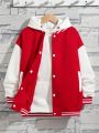 SHEIN Kids HYPEME Boys' Casual Baseball Jacket With Letter Print, Color Block Sleeves And Medium Thickness