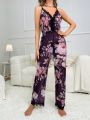 Floral Print Contrast Lace Cami Sleep Jumpsuit