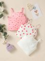 Baby Girls' Sweet Style Multiple Pieces Set Including Camisole, Vest, Heart & Polka Dots Printed T-Shirts, Casual, Lovely, Perfect For Spring And Summer Streetwear