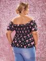 SHEIN Plus Floral & Polka Dot Print Off Shoulder Peplum Top