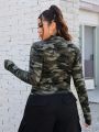 SHEIN Coolane Plus Size Camo & Letter Graphic Mock Neck Crop Tee