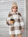 SHEIN Tween Girl Buffalo Plaid Pattern Drop Shoulder Hooded Teddy Coat