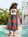 SHEIN Kids Cooltwn Tween Girls' Daily Casual Knitted Floral Print Sleeveless Tank Top And Skirt Set