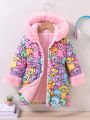 SHEIN Kids QTFun Young Girl Cartoon Graphic Fuzzy Trim Hooded Thermal Lined Winter Coat